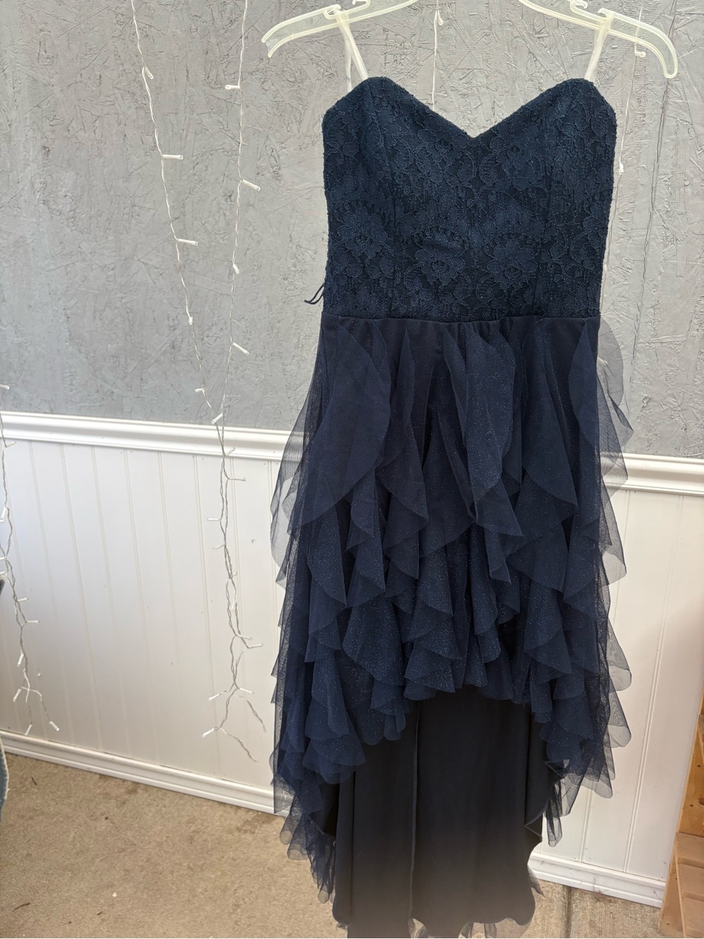 Teeze Me Navy Strapless Lace Bodice High-Low Ruffle Dress